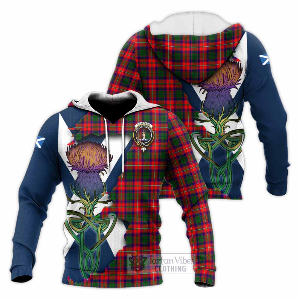 Tartan Vibes Clothing Charteris Tartan Family Crest Knitted Hoodie Scottish Thistle Celtic Inspired