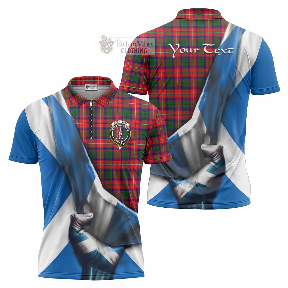 Tartan Vibes Clothing Charteris Tartan Zipper Polo Shirt with Family Crest Scotland Patriotic Style