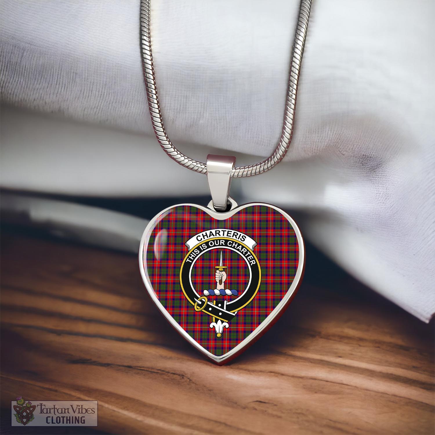 Tartan Vibes Clothing Charteris Tartan Heart Necklace with Family Crest