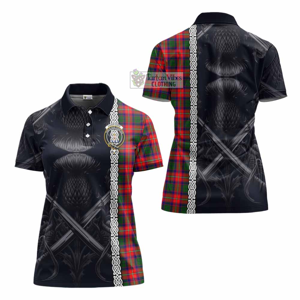 Tartan Vibes Clothing Charteris Tartan Women's Polo Shirt with Family Crest Cross Sword Thistle Celtic Vibes