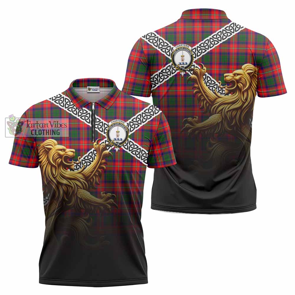 Tartan Vibes Clothing Charteris Crest Tartan Zipper Polo Shirt with Golden Lion Emblem Celtic Style
