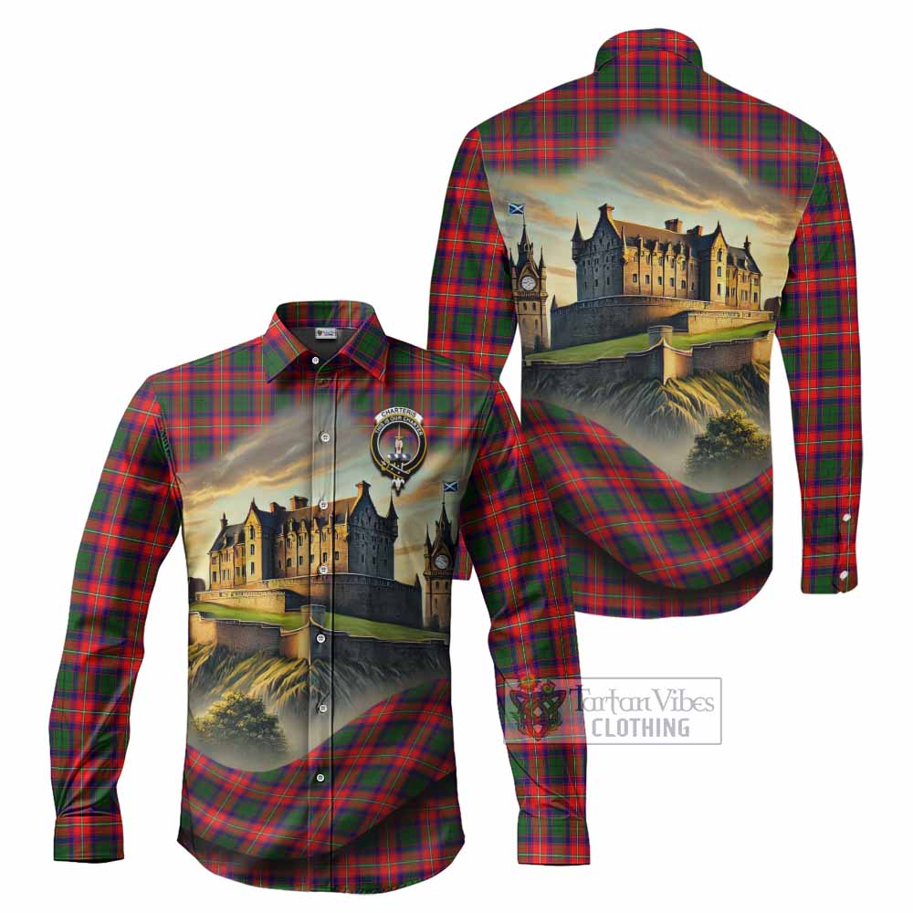 Tartan Vibes Clothing Charteris Tartan Family Crest Long Sleeve Button Shirt with Scottish Ancient Castle Style