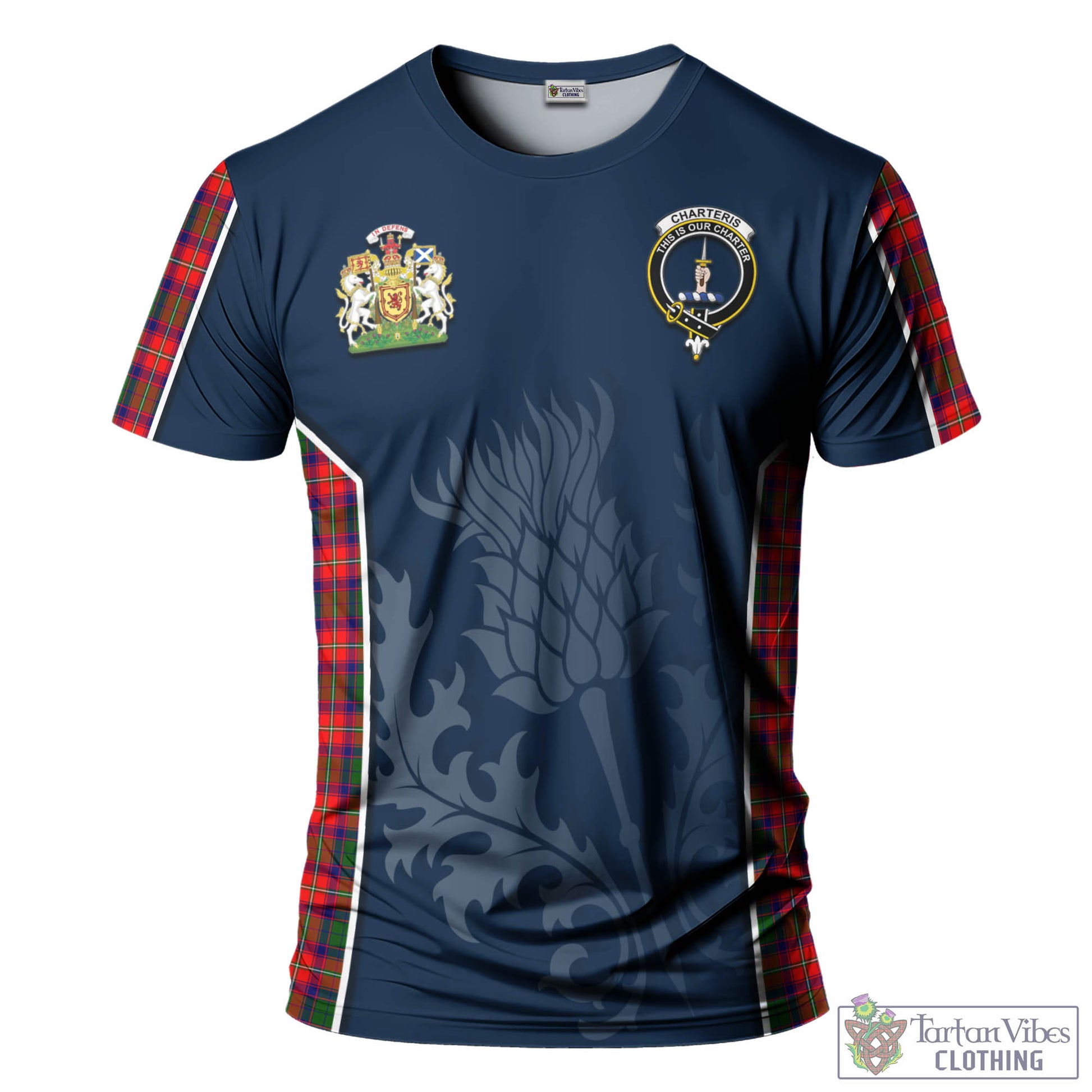 Tartan Vibes Clothing Charteris Tartan T-Shirt with Family Crest and Scottish Thistle Vibes Sport Style