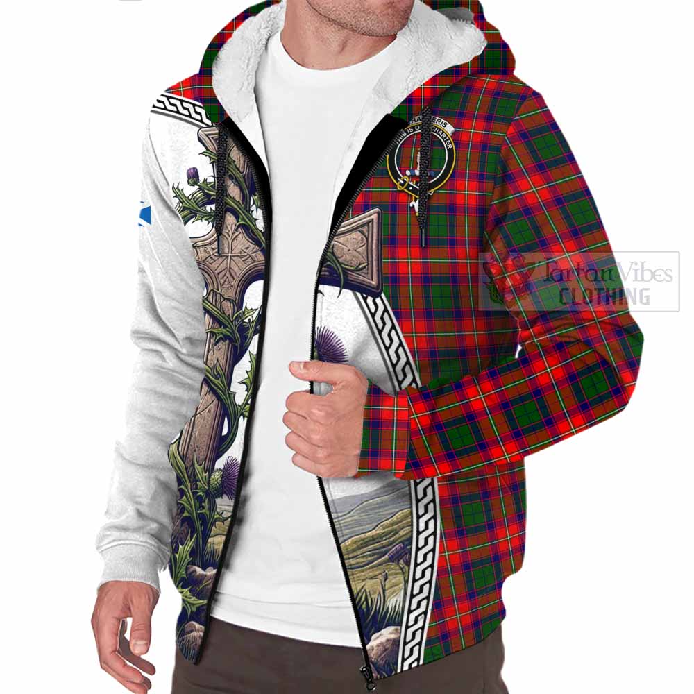 Tartan Vibes Clothing Charteris Tartan Sherpa Hoodie with Family Crest and St. Andrew's Cross Accented by Thistle Vines