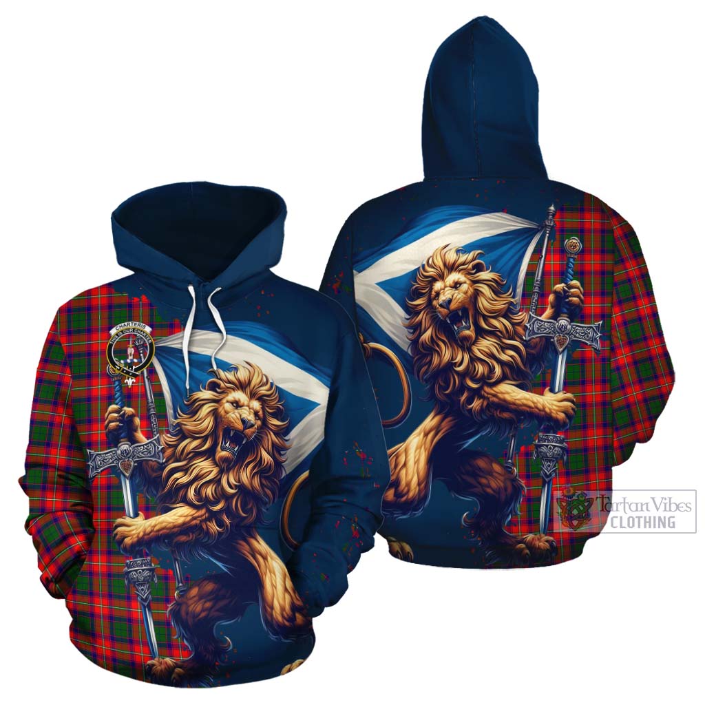 Tartan Vibes Clothing Charteris Tartan Family Crest Cotton Hoodie with Scottish Majestic Lion