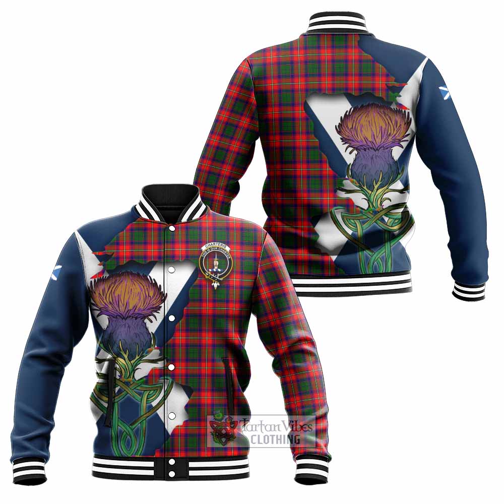 Tartan Vibes Clothing Charteris Tartan Family Crest Baseball Jacket Scottish Thistle Celtic Inspired