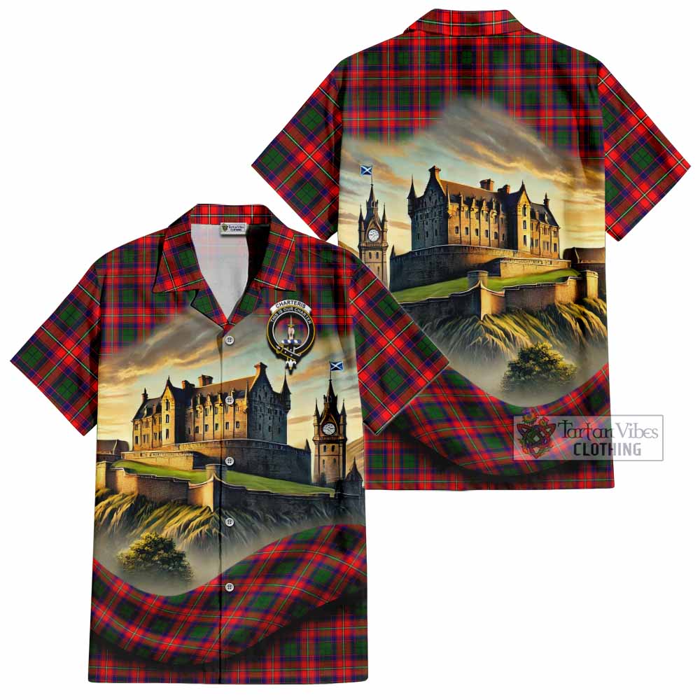 Tartan Vibes Clothing Charteris Tartan Family Crest Short Sleeve Button Shirt with Scottish Ancient Castle Style