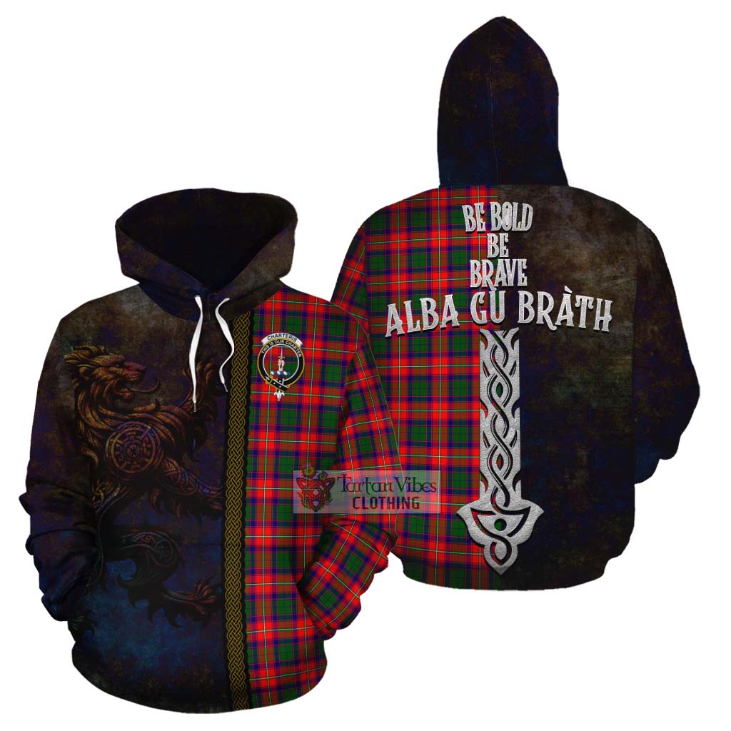 Tartan Vibes Clothing Charteris Tartan Family Crest Cotton Hoodie Alba Gu Brath Be Brave Lion Ancient Style