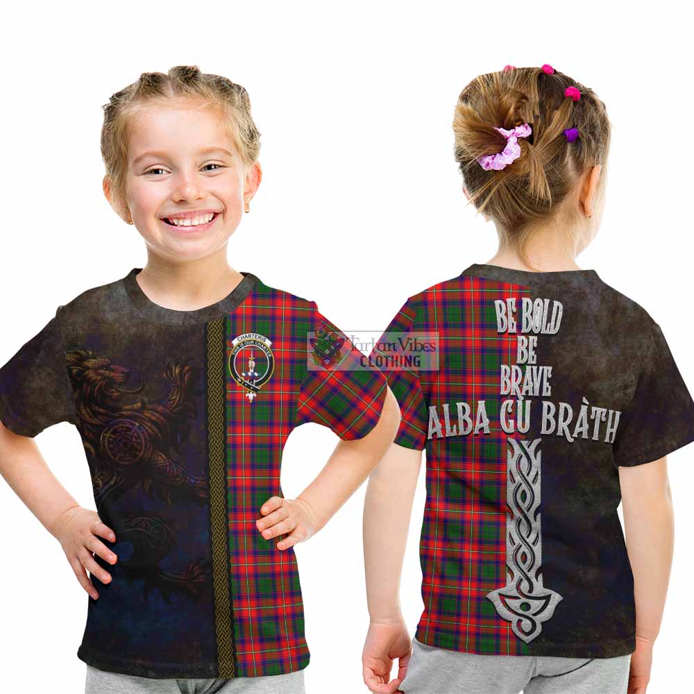 Tartan Vibes Clothing Charteris Tartan Family Crest Kid T-Shirt Alba Gu Brath Be Brave Lion Ancient Style