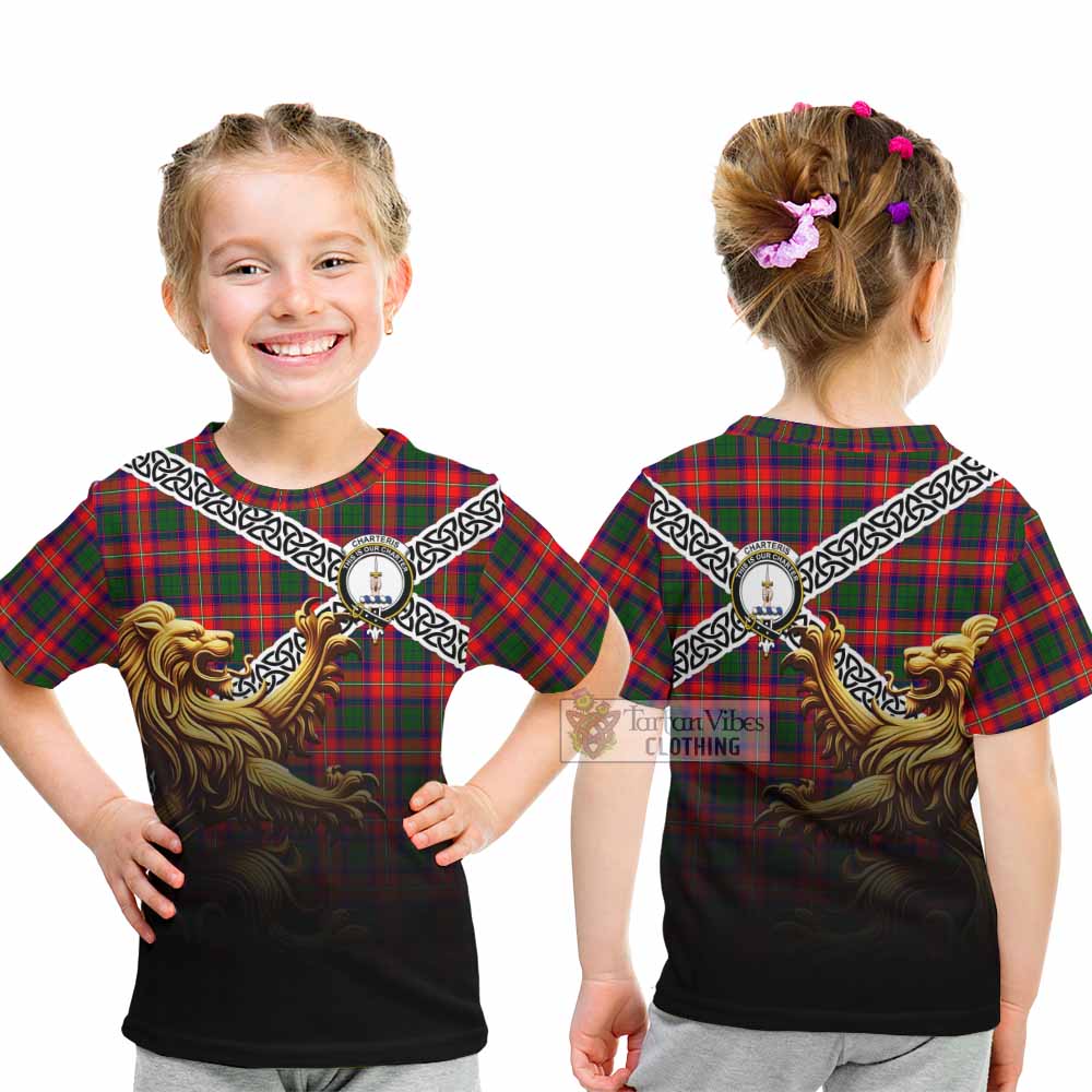 Tartan Vibes Clothing Charteris Crest Tartan Kid T-Shirt with Golden Lion Emblem Celtic Style