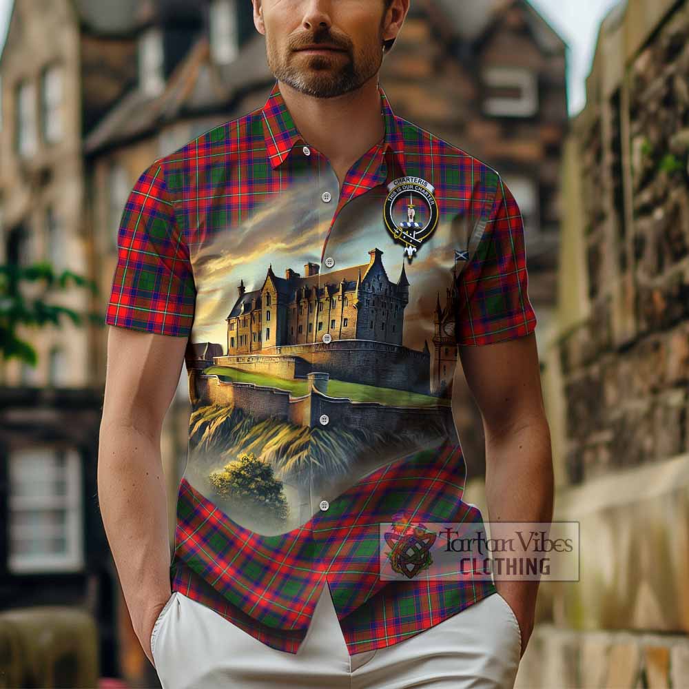 Tartan Vibes Clothing Charteris Tartan Family Crest Short Sleeve Button Shirt with Scottish Ancient Castle Style
