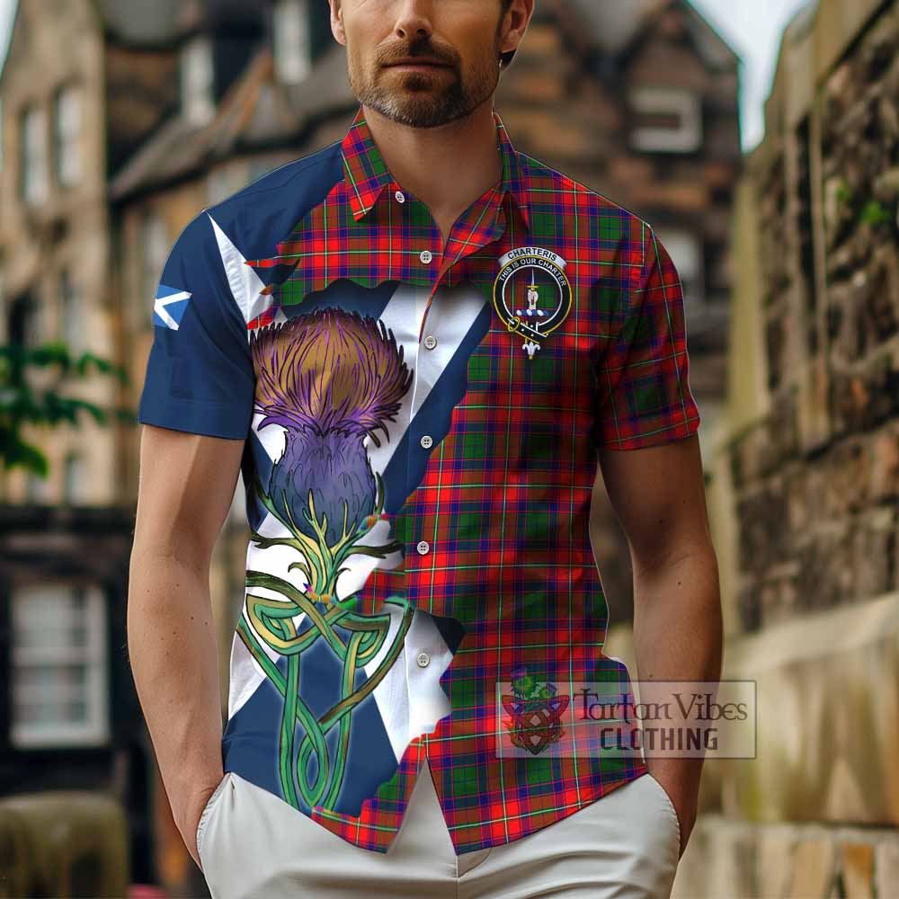 Tartan Vibes Clothing Charteris Tartan Family Crest Short Sleeve Button Shirt Scottish Thistle Celtic Inspired