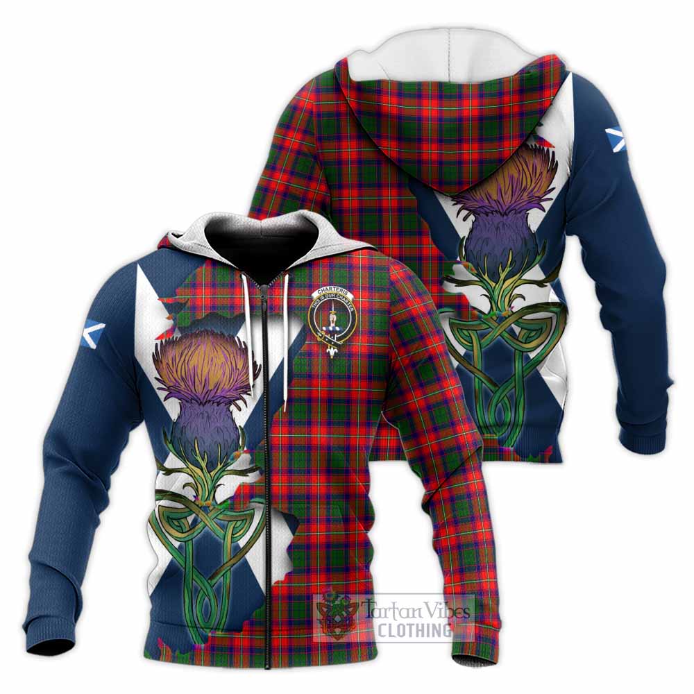 Tartan Vibes Clothing Charteris Tartan Family Crest Knitted Hoodie Scottish Thistle Celtic Inspired