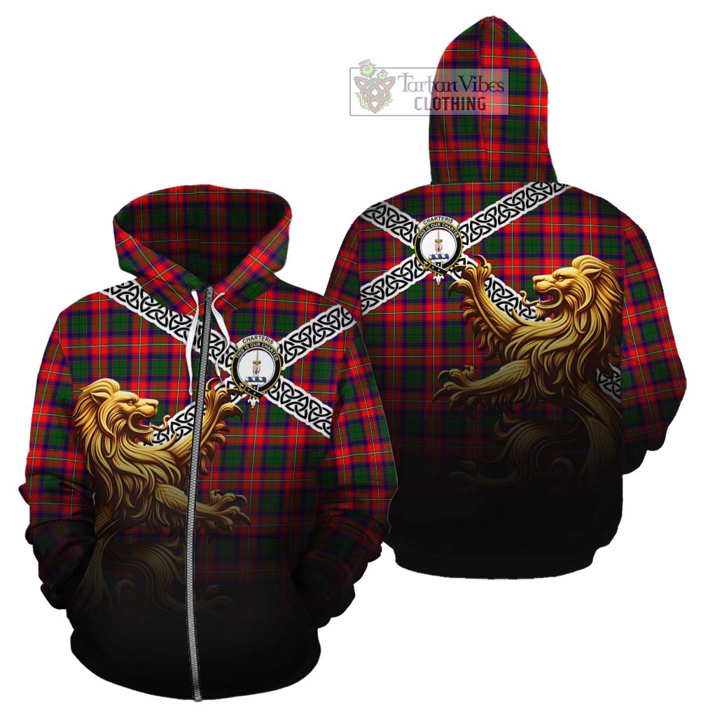 Tartan Vibes Clothing Charteris Crest Tartan Cotton Hoodie with Golden Lion Emblem Celtic Style