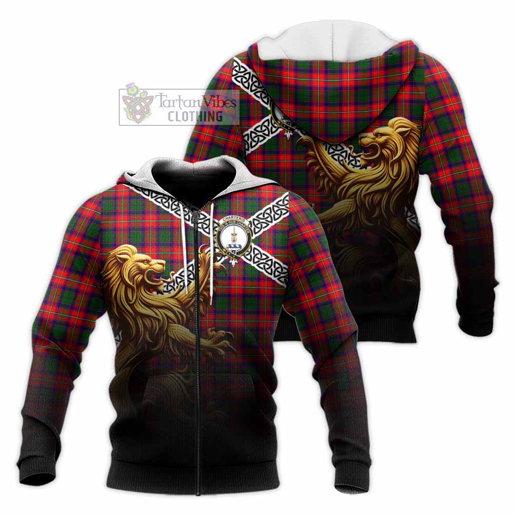Tartan Vibes Clothing Charteris Crest Tartan Knitted Hoodie with Golden Lion Emblem Celtic Style