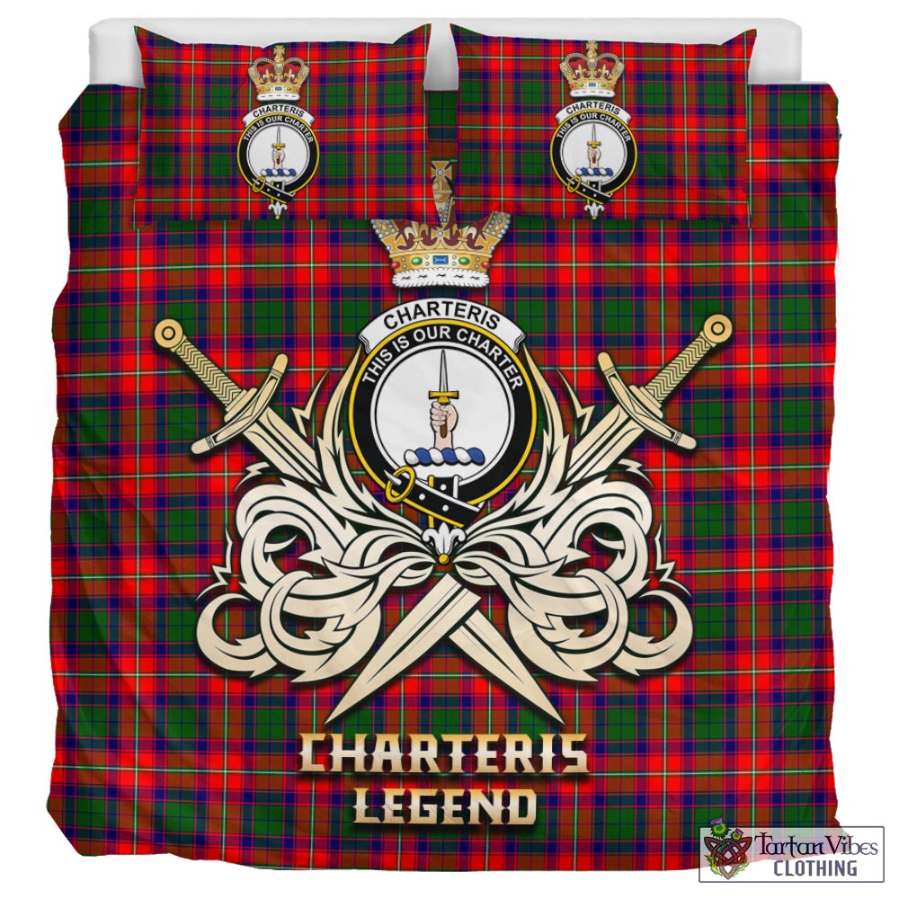 Tartan Vibes Clothing Charteris Tartan Bedding Set with Clan Crest and the Golden Sword of Courageous Legacy