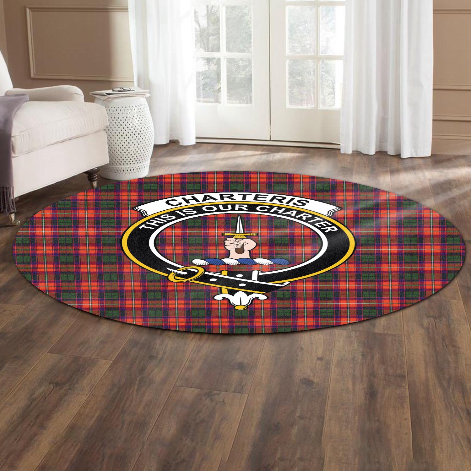 Charteris Tartan Round Rug with Family Crest - Tartanvibesclothing