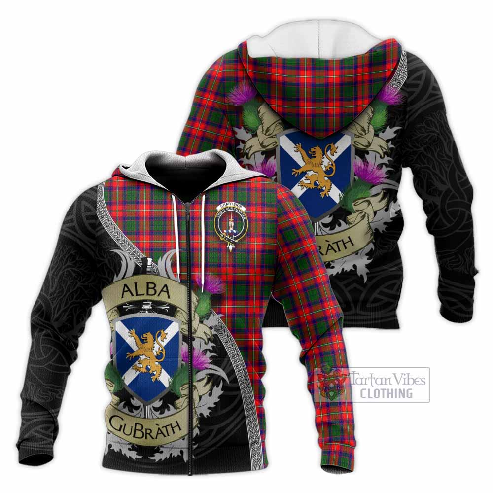 Tartan Vibes Clothing Charteris Tartan Family Crest Knitted Hoodie Lion Rampant Royal Thistle Shield Celtic Inspired