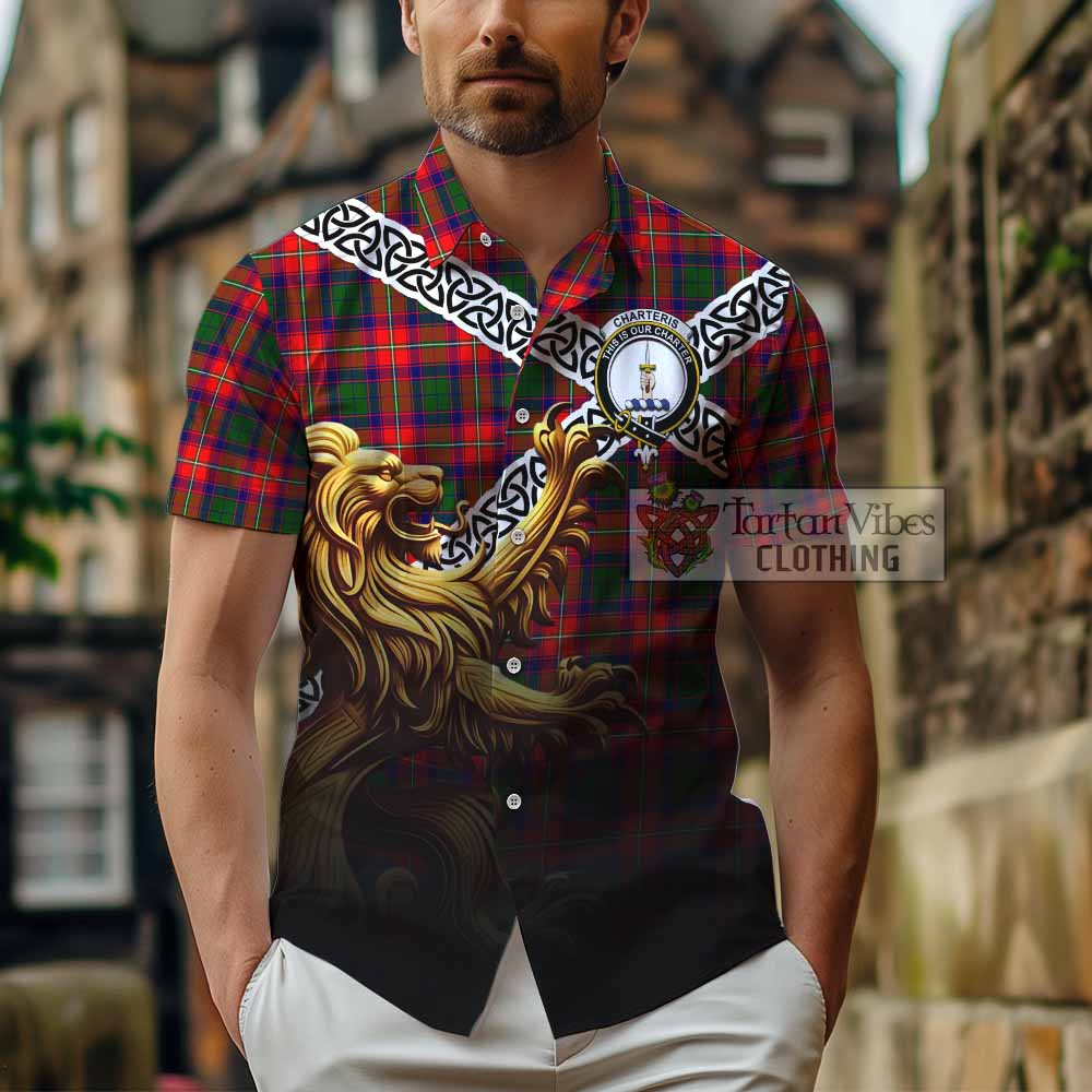 Tartan Vibes Clothing Charteris Crest Tartan Short Sleeve Button Shirt with Golden Lion Emblem Celtic Style