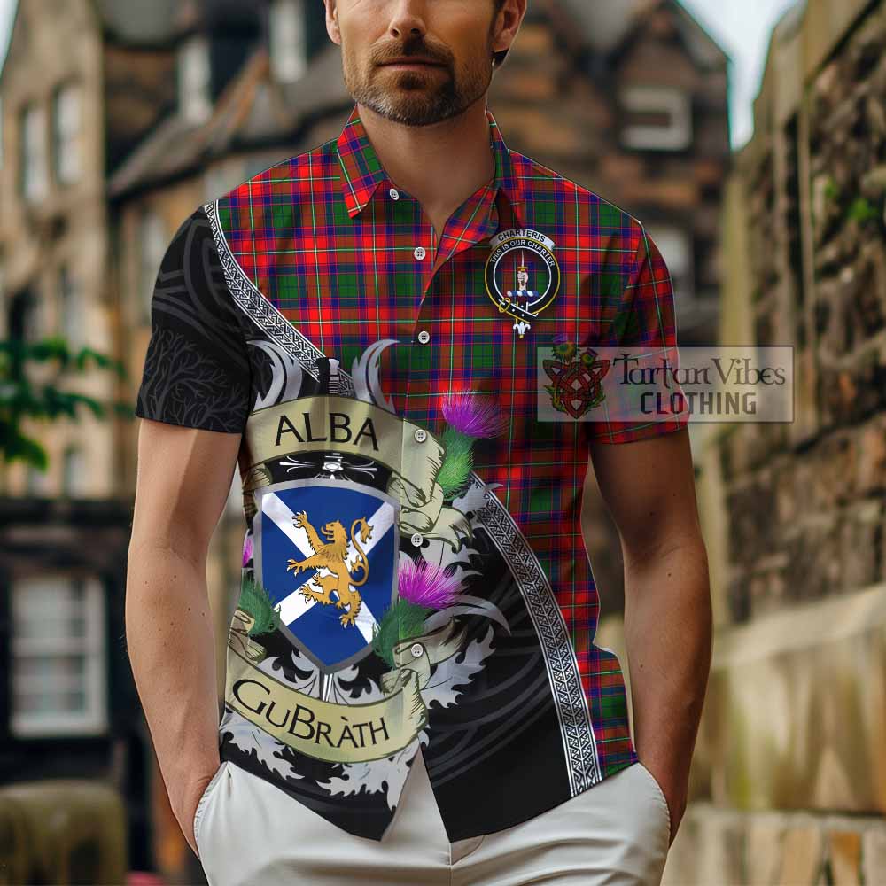 Tartan Vibes Clothing Charteris Tartan Family Crest Short Sleeve Button Shirt Lion Rampant Royal Thistle Shield Celtic Inspired