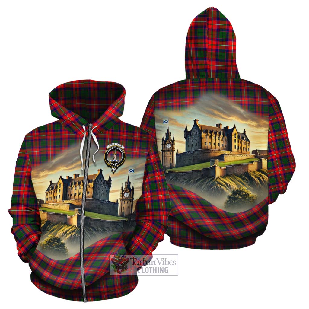 Tartan Vibes Clothing Charteris Tartan Family Crest Cotton Hoodie with Scottish Ancient Castle Style