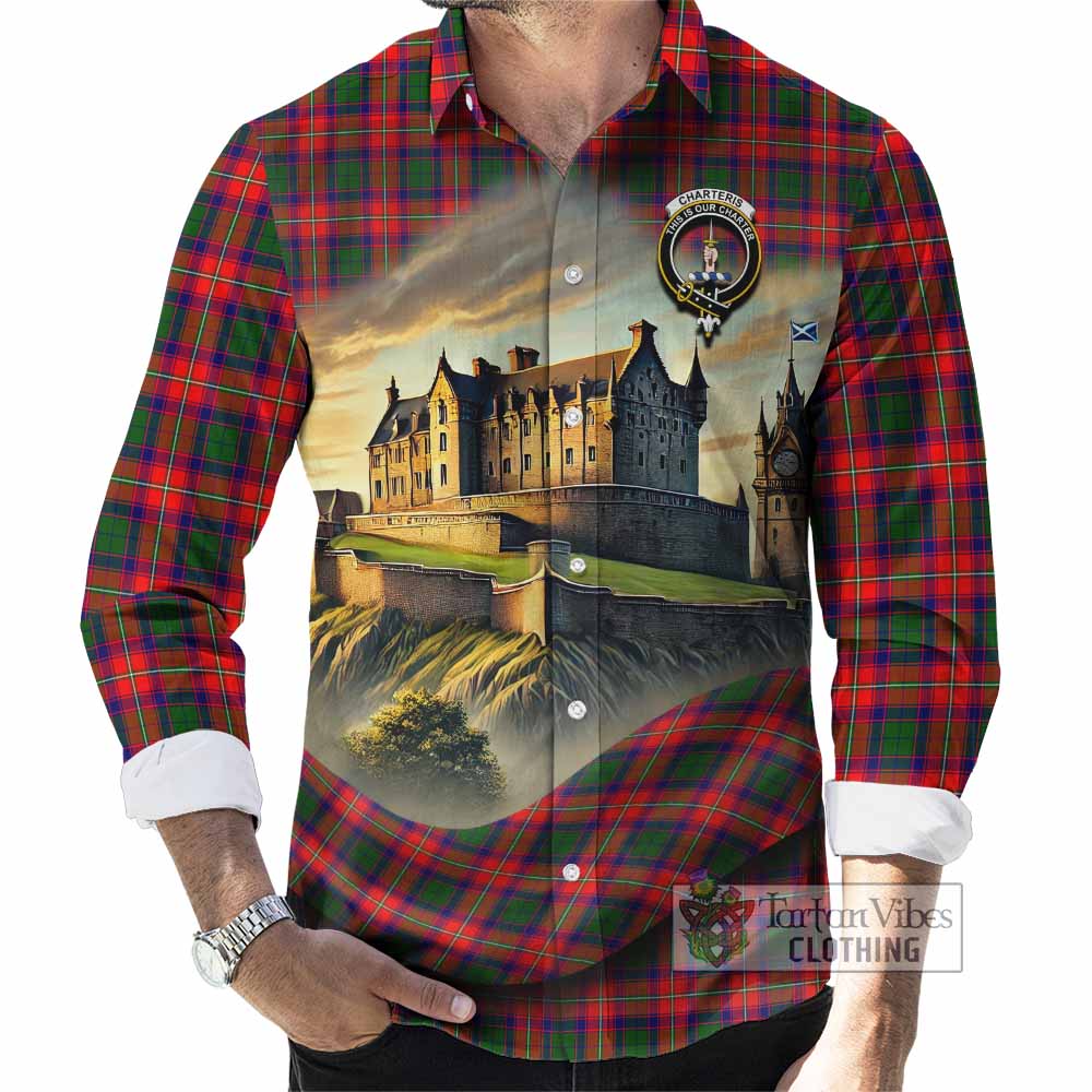 Tartan Vibes Clothing Charteris Tartan Family Crest Long Sleeve Button Shirt with Scottish Ancient Castle Style