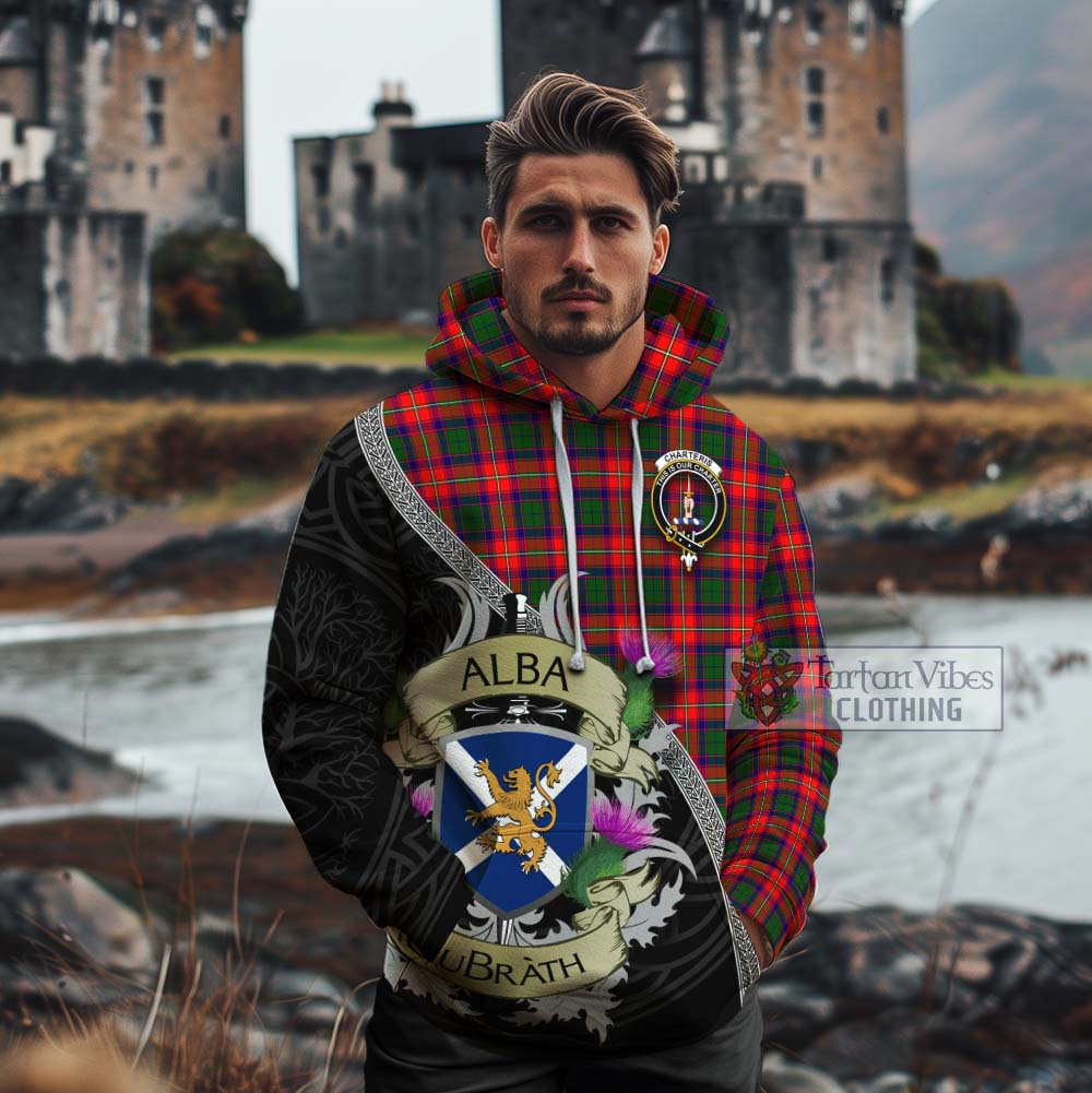 Tartan Vibes Clothing Charteris Tartan Family Crest Cotton Hoodie Lion Rampant Royal Thistle Shield Celtic Inspired