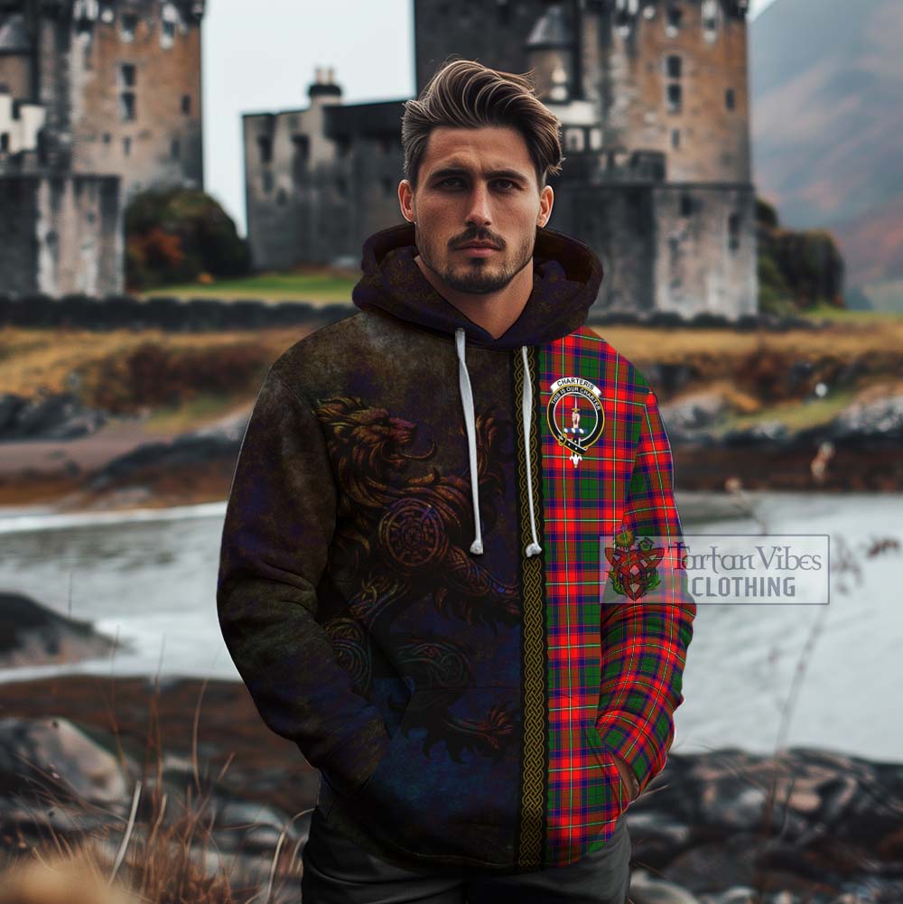 Tartan Vibes Clothing Charteris Tartan Family Crest Cotton Hoodie Alba Gu Brath Be Brave Lion Ancient Style