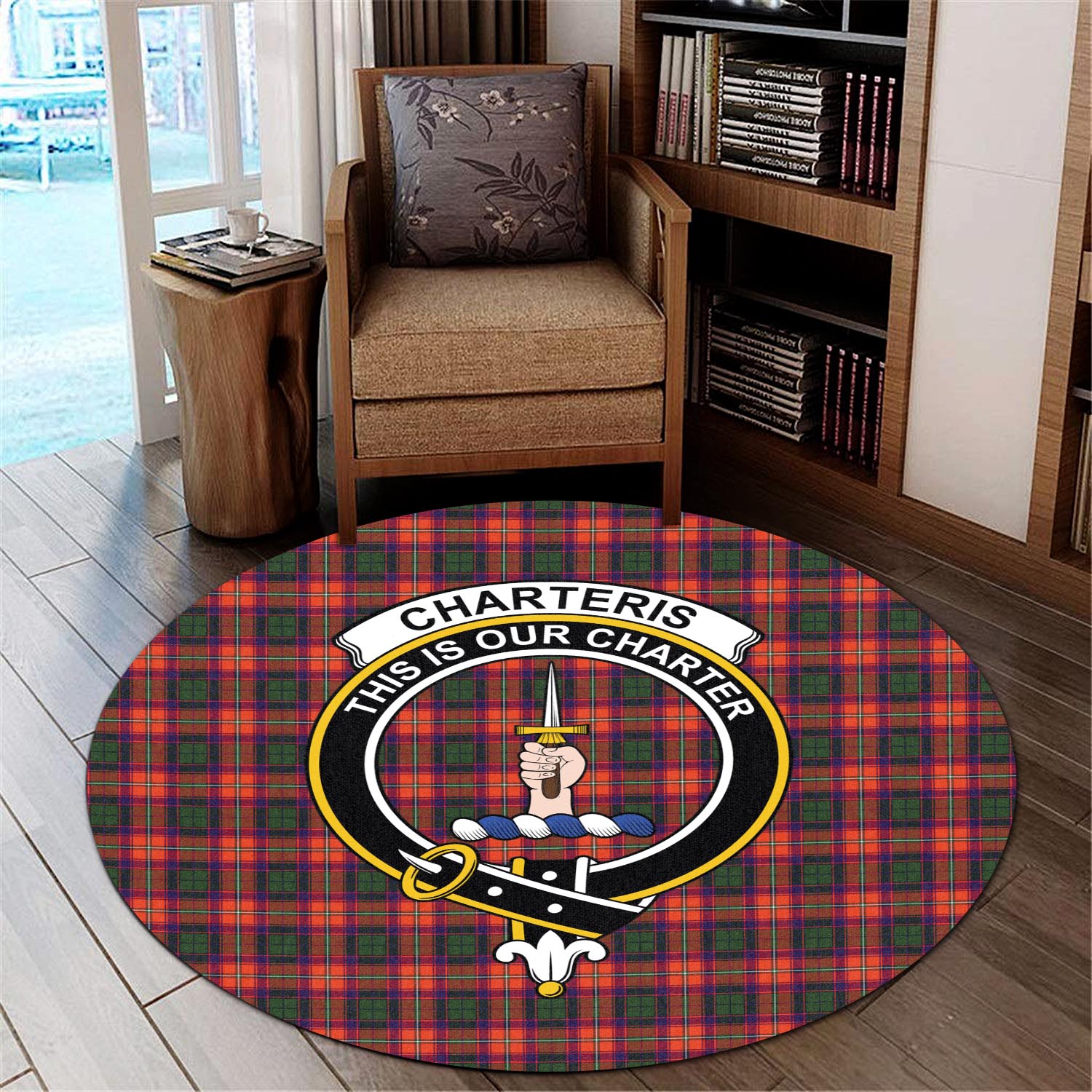 Charteris Tartan Round Rug with Family Crest - Tartanvibesclothing