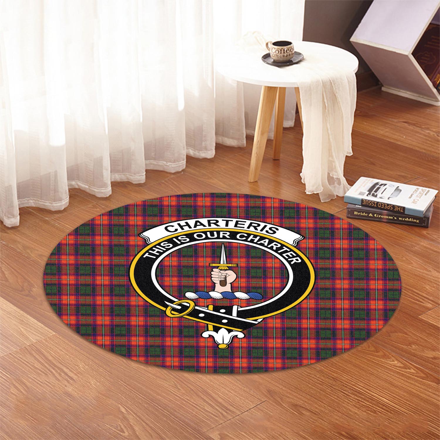 Charteris Tartan Round Rug with Family Crest - Tartanvibesclothing