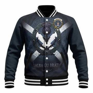 Charteris Clan Crest Baseball Jacket with Celtic Knot Thistle and Saltire