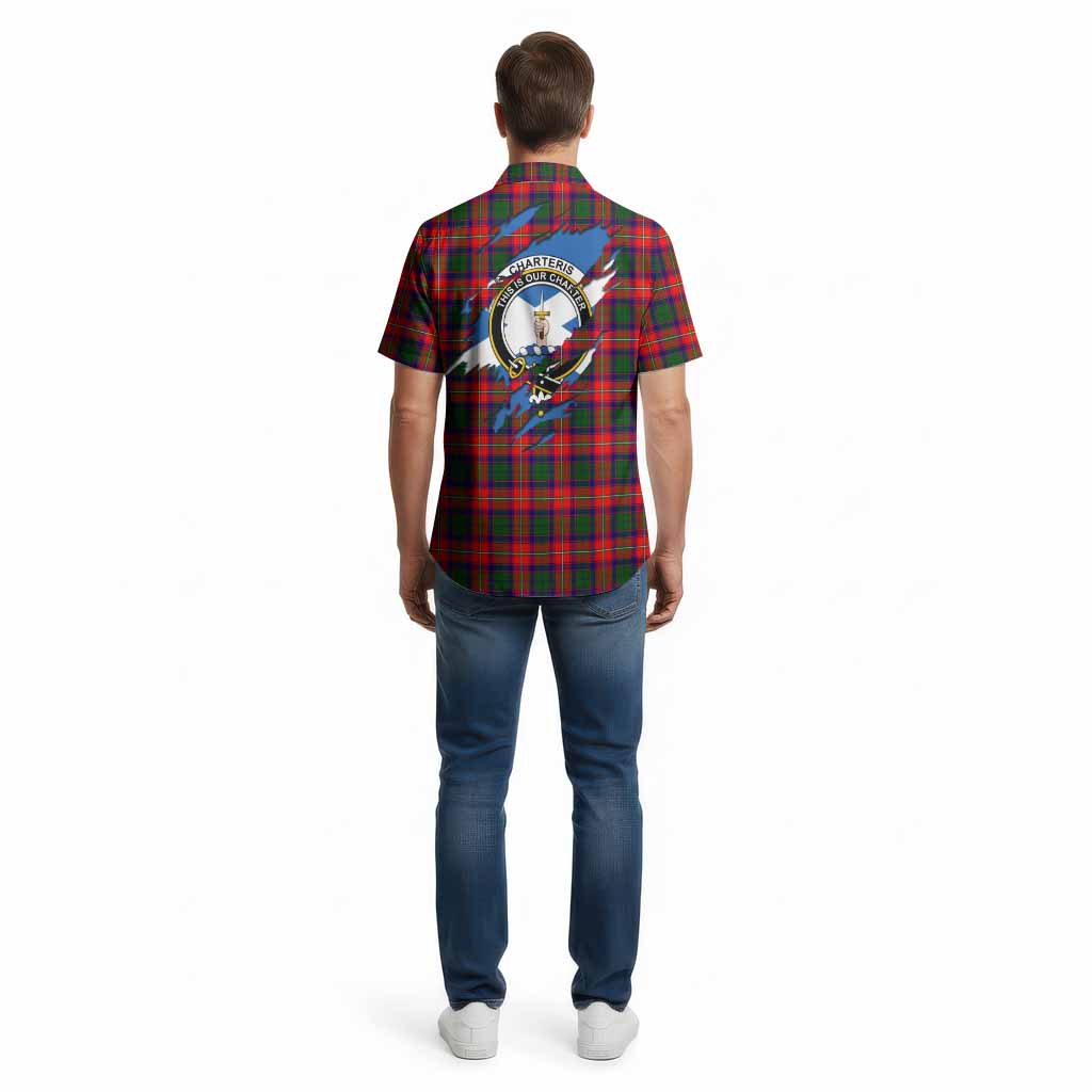 Charteris Clan Crest In Me Tartan Cotton Hawaiian Shirt Scotland Flag Style