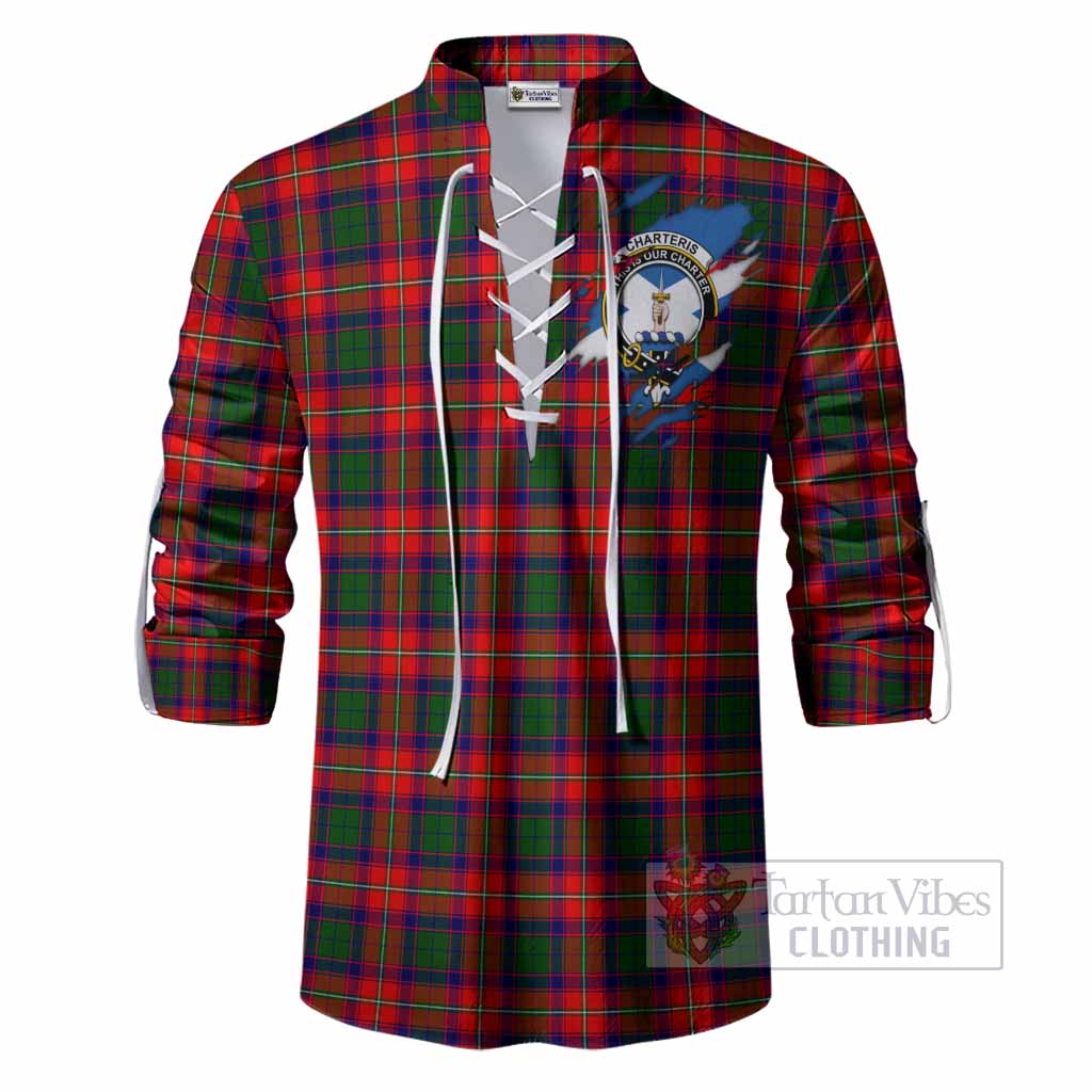 Charteris Clan Crest In Me Tartan Ghillie Shirt Scotland Flag Style
