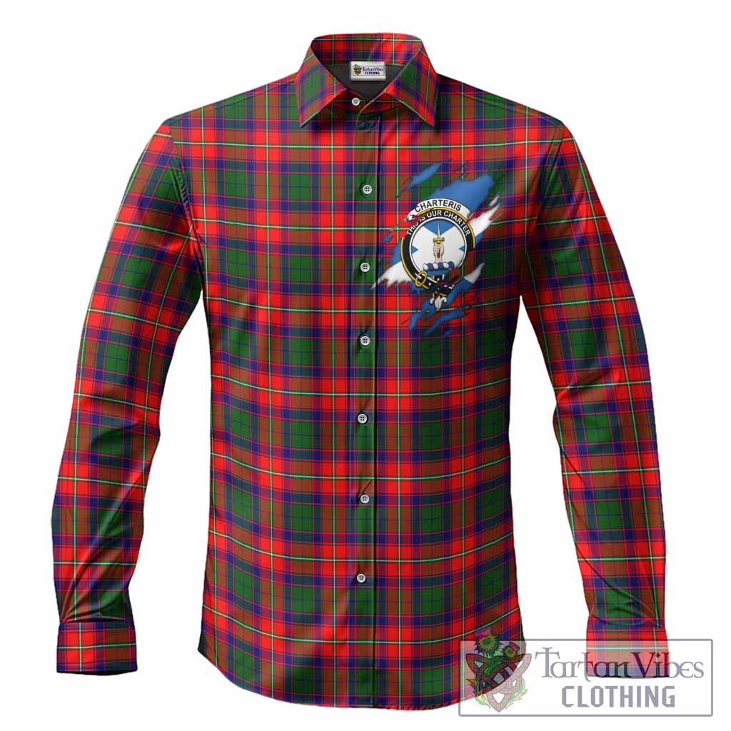 Charteris Clan Crest In Me Tartan Long Sleeve Button Shirts Scotland Flag Style