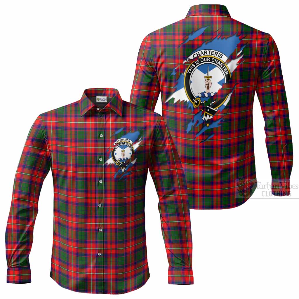 Charteris Clan Crest In Me Tartan Long Sleeve Button Shirts Scotland Flag Style