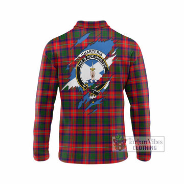 Charteris Clan Crest In Me Tartan Long Sleeve Polo Shirt Scotland Flag Style