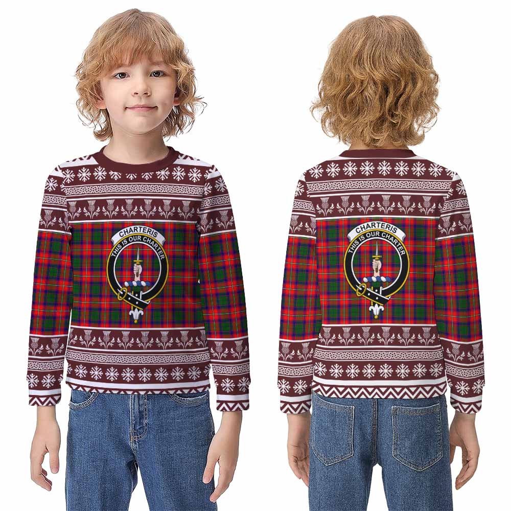 Charteris Clan Tartan Christmas Kid Ugly Sweatshirt with Family Crest - Tartan Vibes Clothing