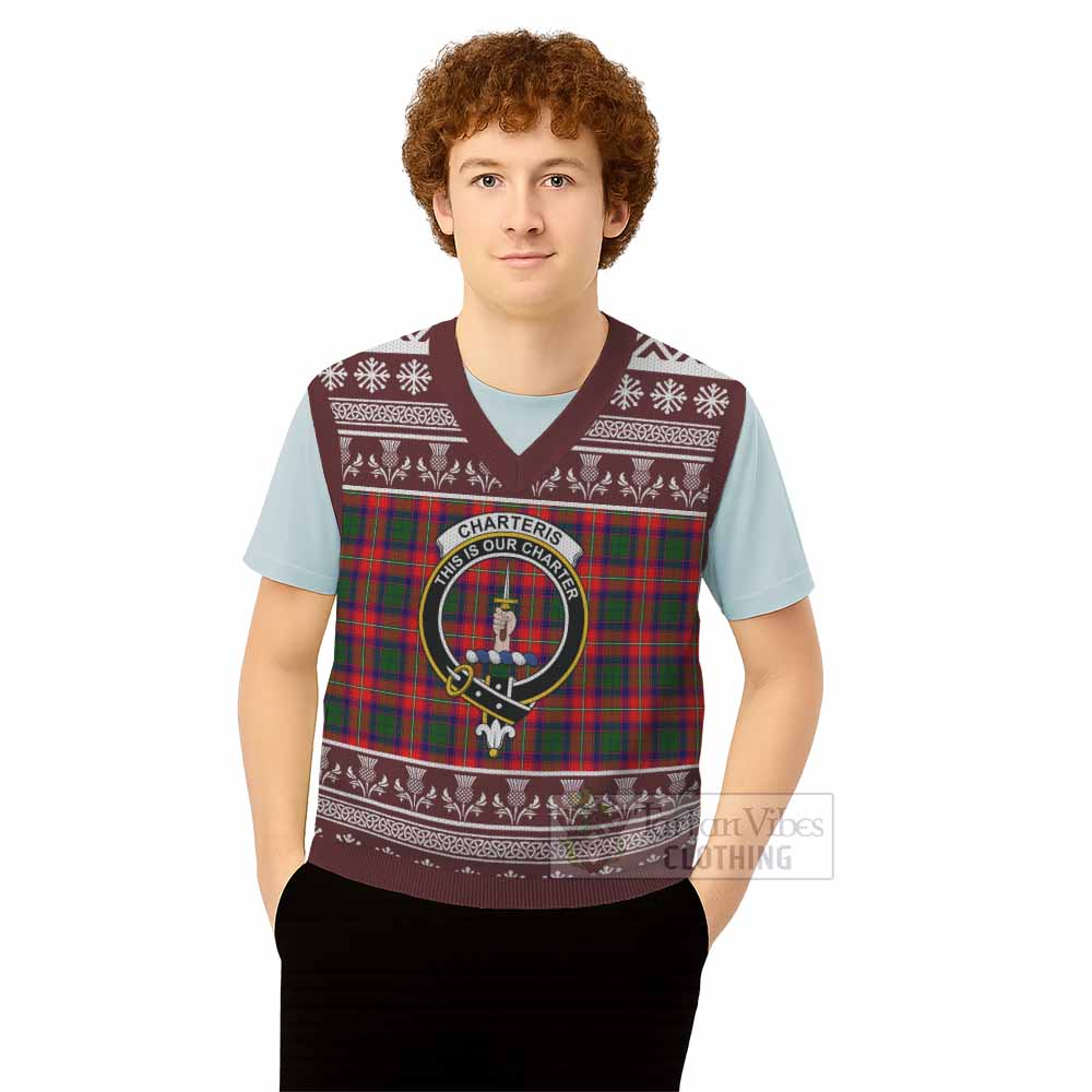 Charteris Clan Tartan Christmas Knitted V-Neck Vest with Family Crest - Tartan Vibes Clothing