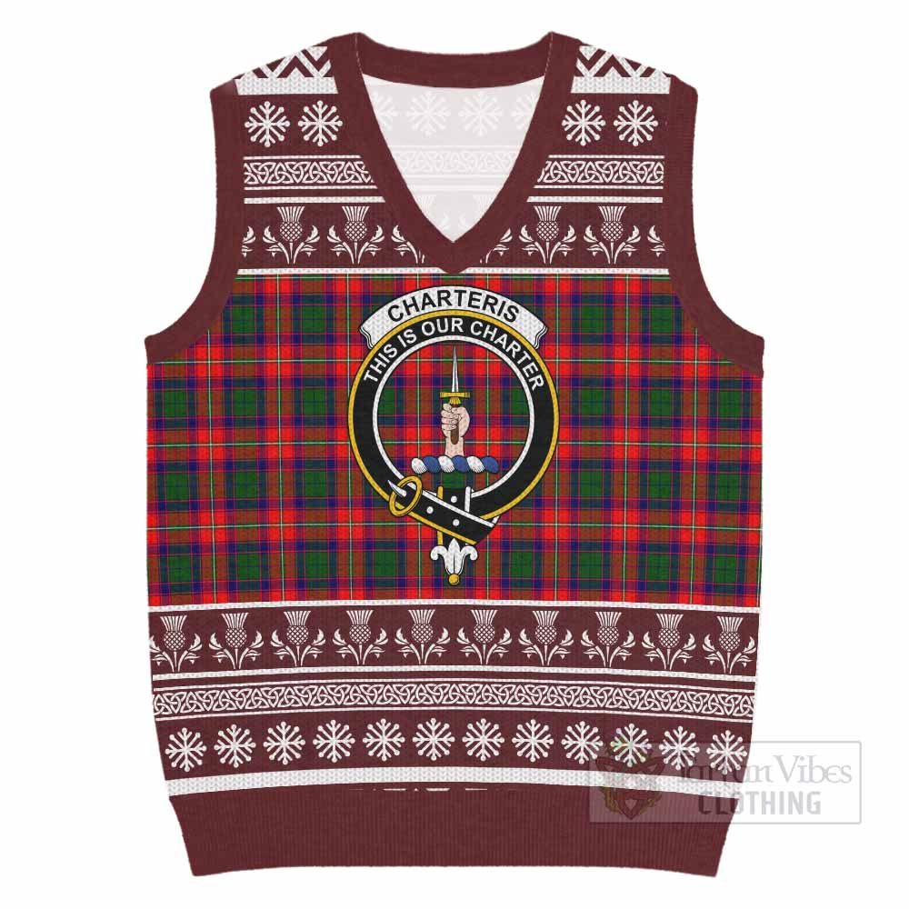 Charteris Clan Tartan Christmas Knitted V-Neck Vest with Family Crest - Tartan Vibes Clothing
