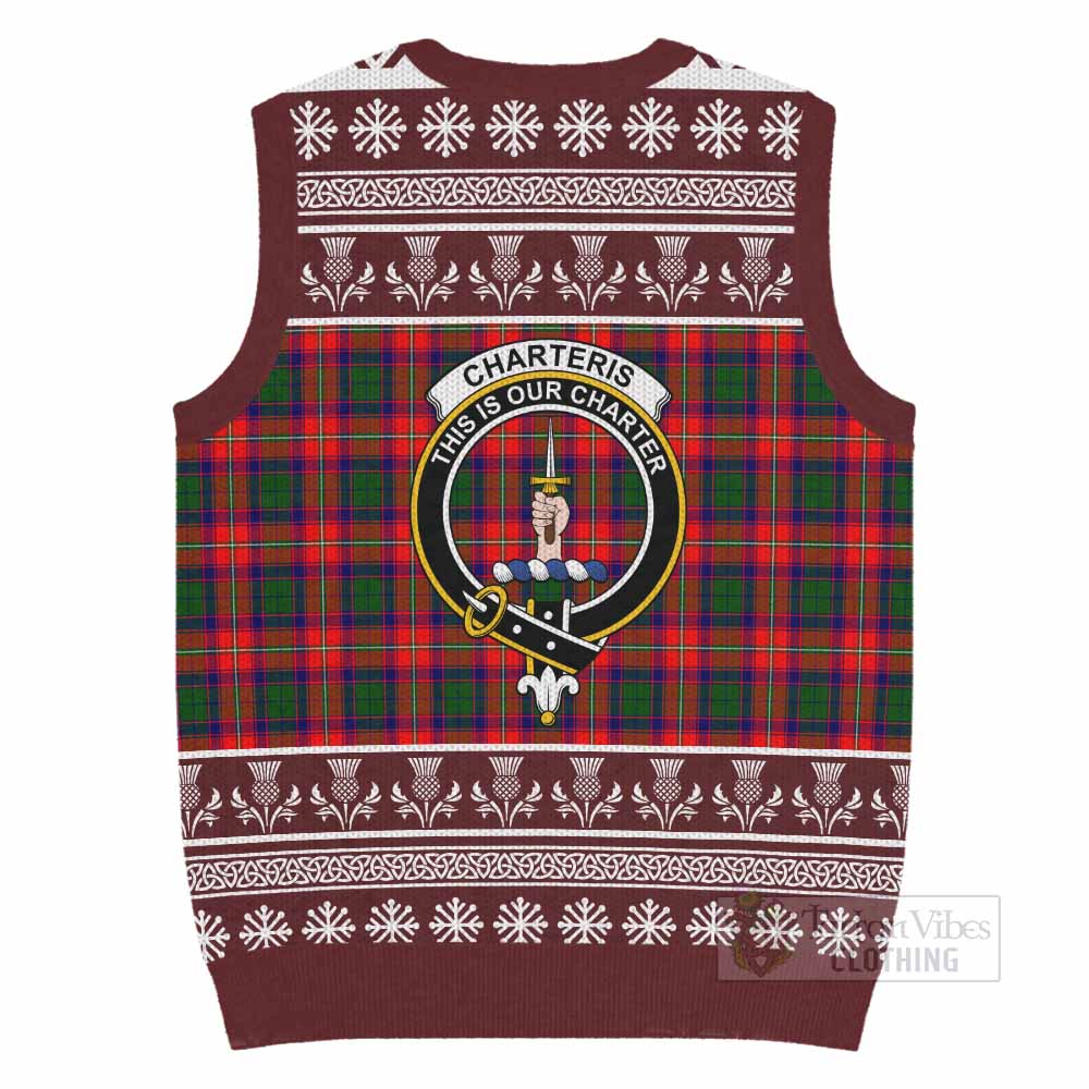 Charteris Clan Tartan Christmas Knitted V-Neck Vest with Family Crest - Tartan Vibes Clothing