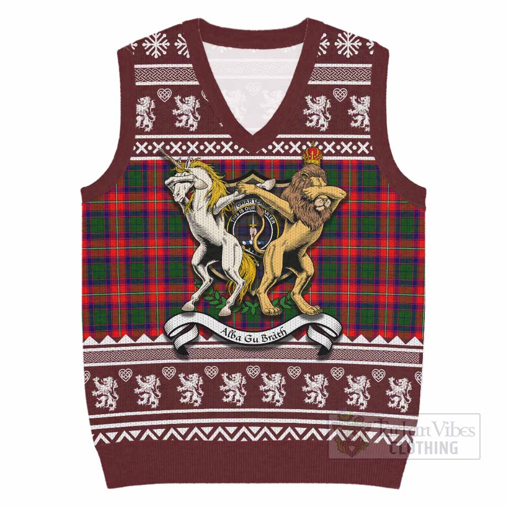 Charteris Clan Tartan Crest Christmas Knitted V-Neck Vest Coat of Arms Funny Style - Tartan Vibes Clothing