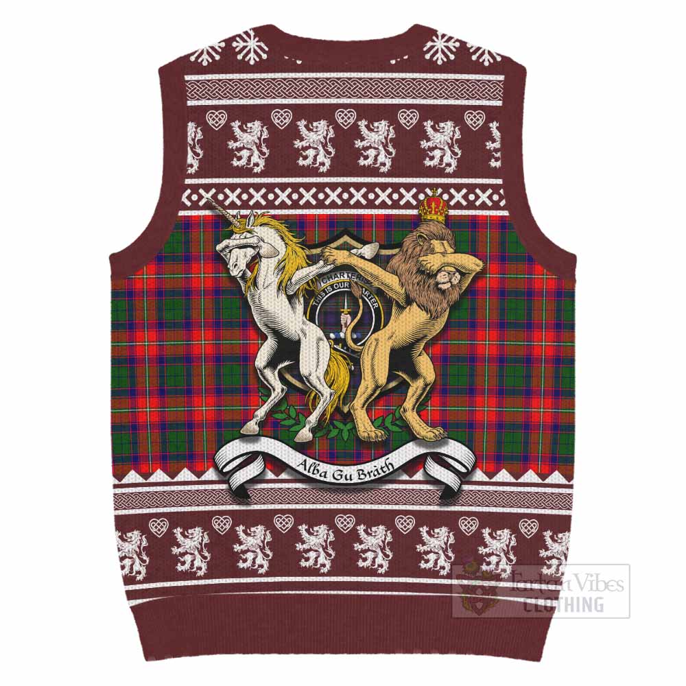 Charteris Clan Tartan Crest Christmas Knitted V-Neck Vest Coat of Arms Funny Style - Tartan Vibes Clothing