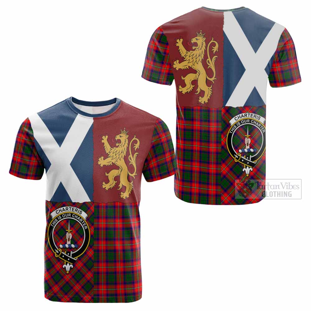Charteris Crest Tartan Cotton T-shirt with Lion Rampant Saltire Style - Tartan Vibes Clothing