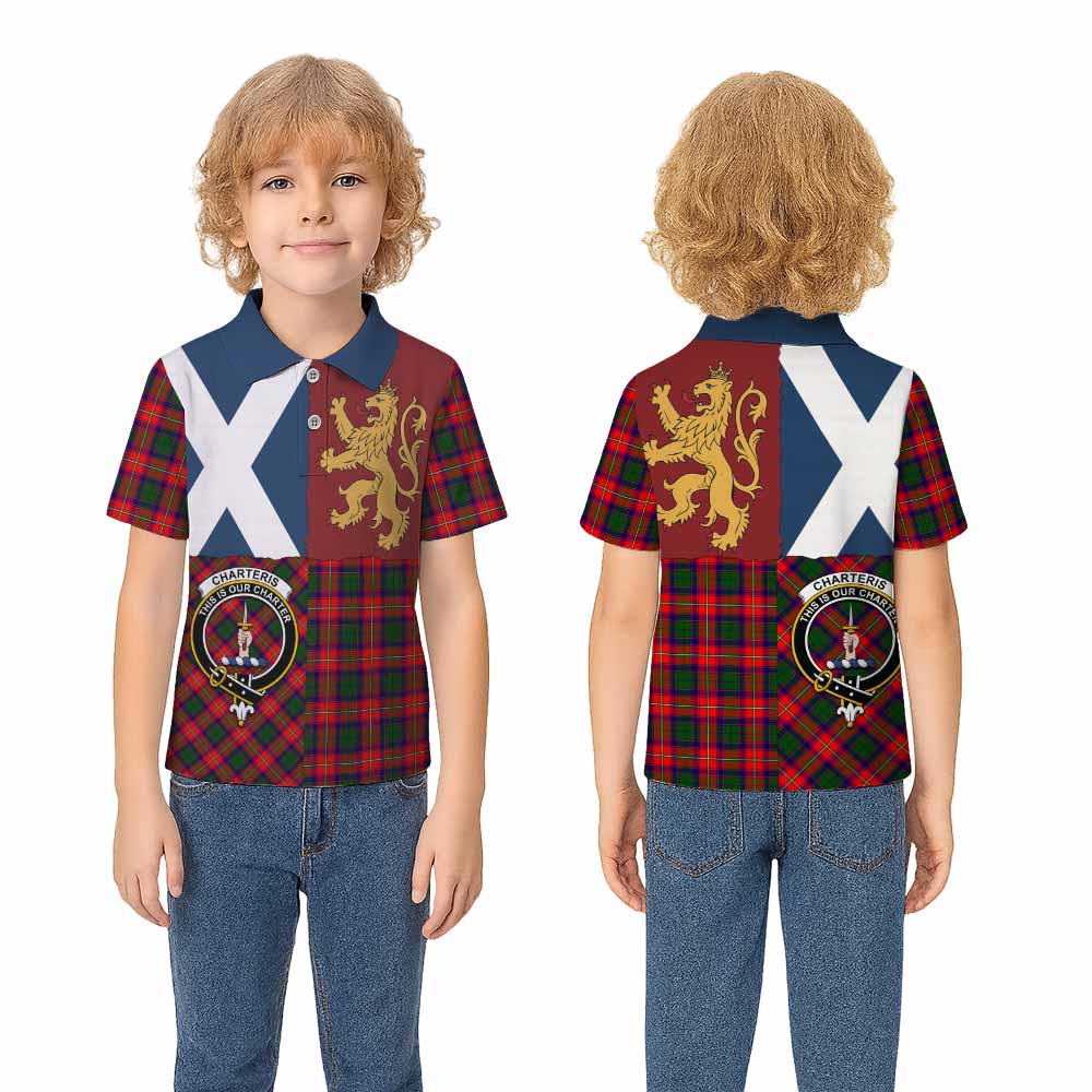 Charteris Crest Tartan Kid Polo Shirt with Lion Rampant Saltire Style - Tartan Vibes Clothing