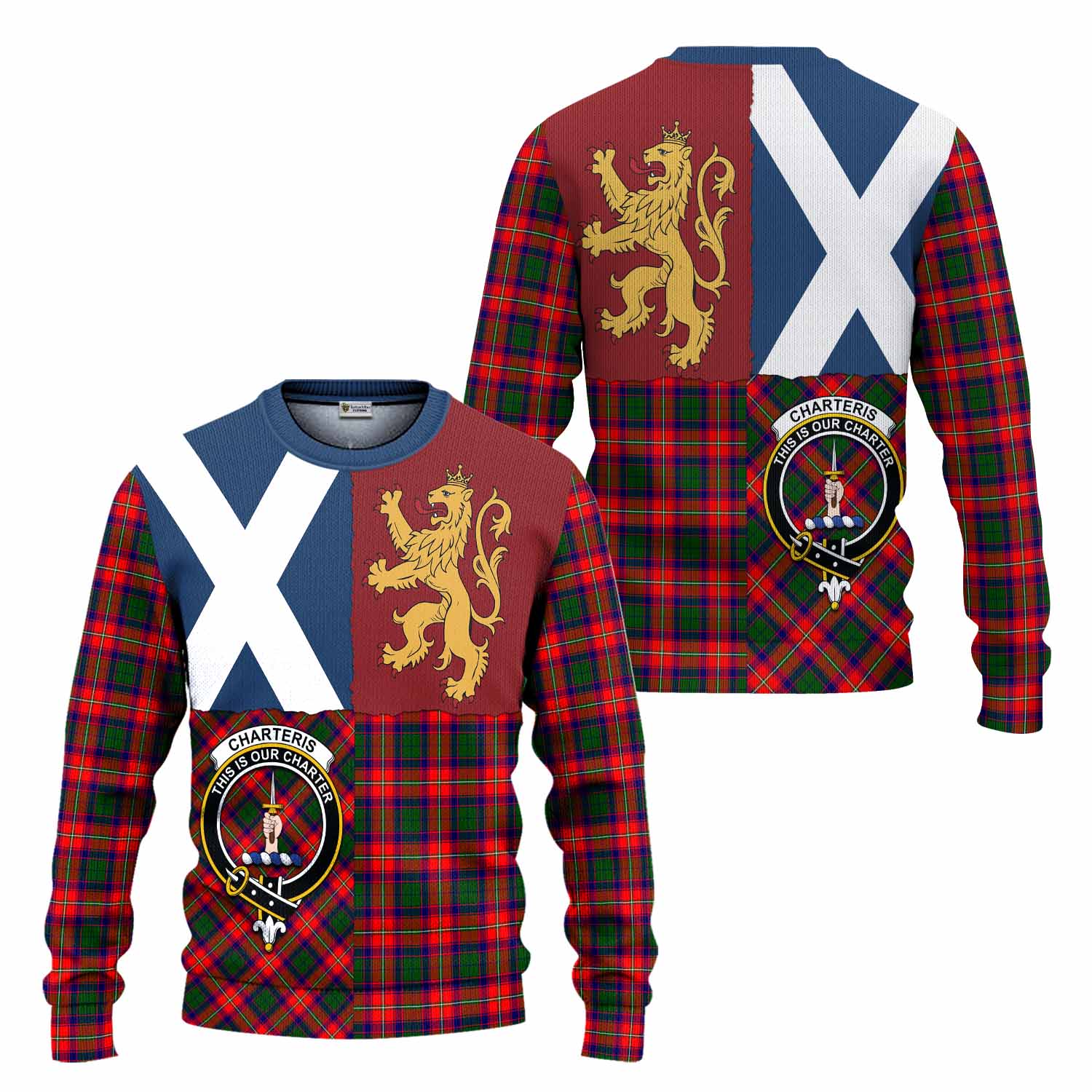 Charteris Crest Tartan Knitted Sweater with Lion Rampant Saltire Style