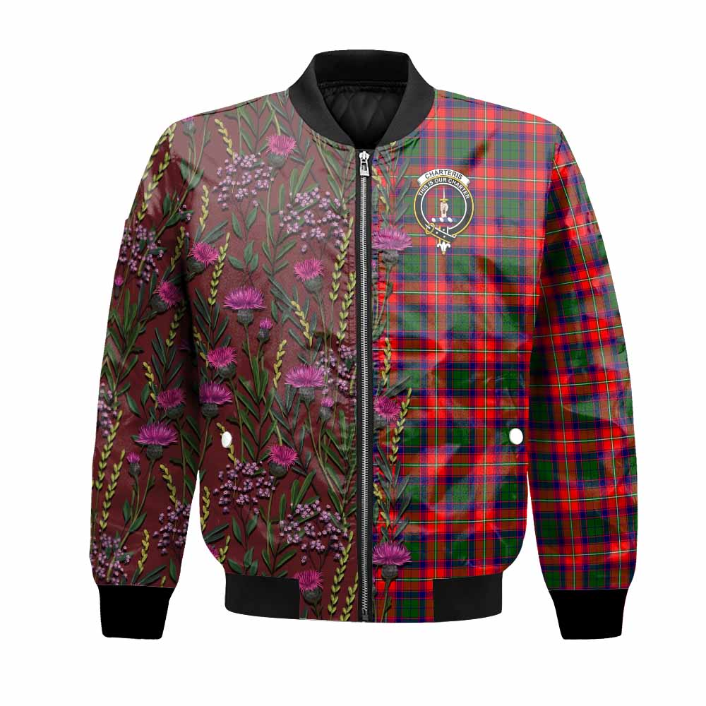 Charteris Family Crest Tartan Bomber Jacket Scottish Thistle Flower Pattern Half Style - Tartan Vibes Clothing