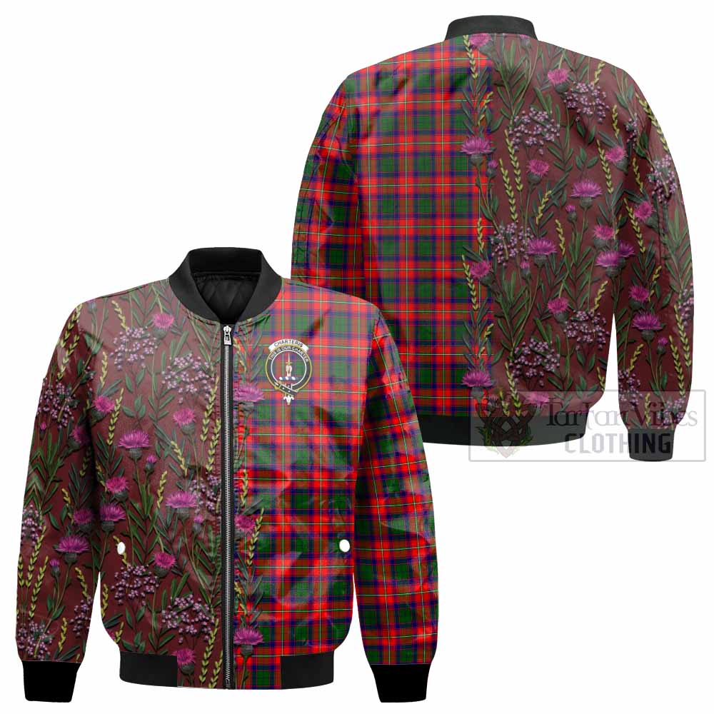 Charteris Family Crest Tartan Bomber Jacket Scottish Thistle Flower Pattern Half Style - Tartan Vibes Clothing