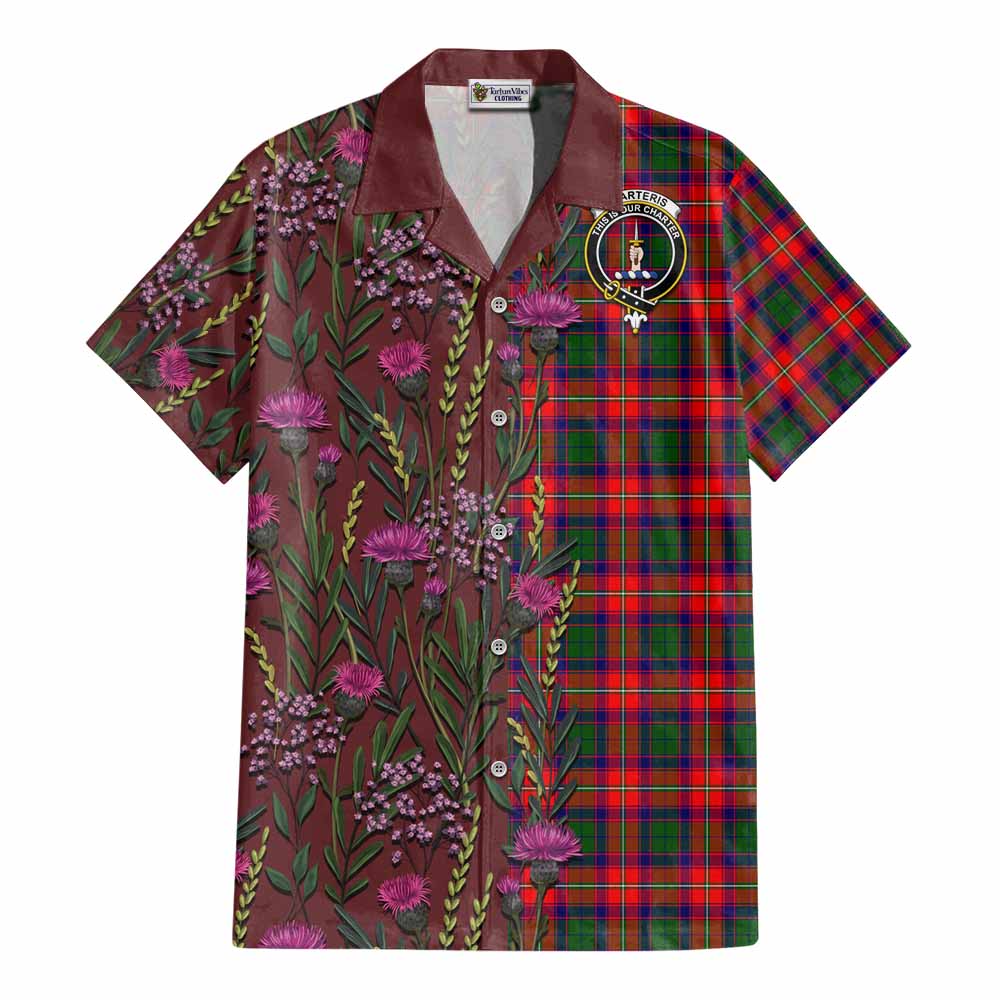 Charteris Family Crest Tartan Cotton Hawaiian Shirt Scottish Thistle Flower Pattern Half Style - Tartan Vibes Clothing
