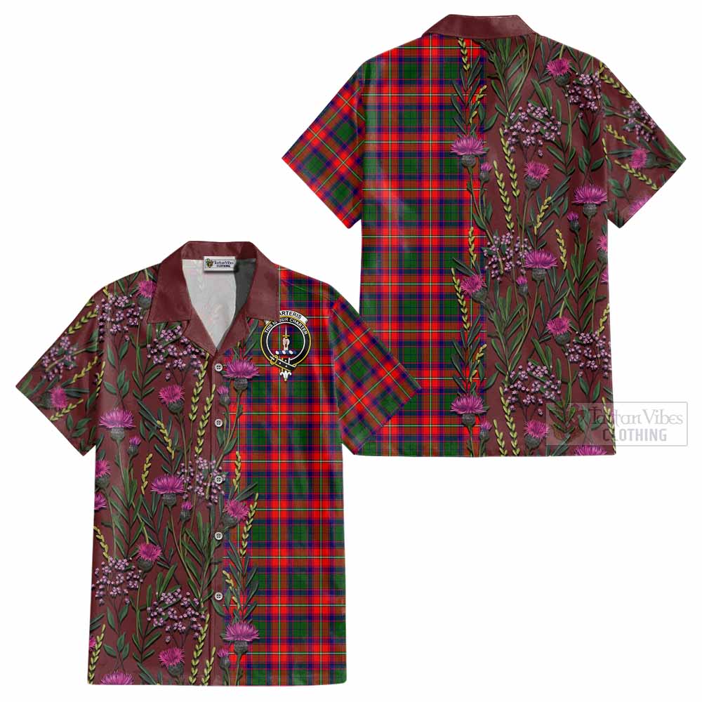 Charteris Family Crest Tartan Cotton Hawaiian Shirt Scottish Thistle Flower Pattern Half Style - Tartan Vibes Clothing