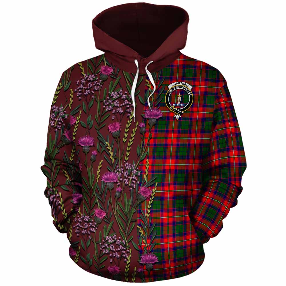 Charteris Family Crest Tartan Cotton Hoodie Scottish Thistle Flower Pattern Half Style - Tartan Vibes Clothing
